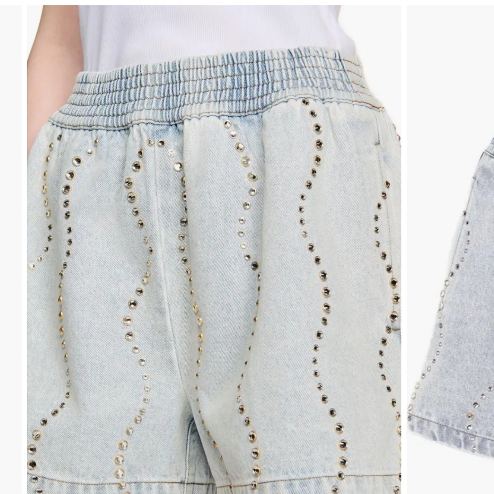 Sandro Stonewashed Pull On Rhinestone Embellished Denim Shorts 40  8 Nwt New